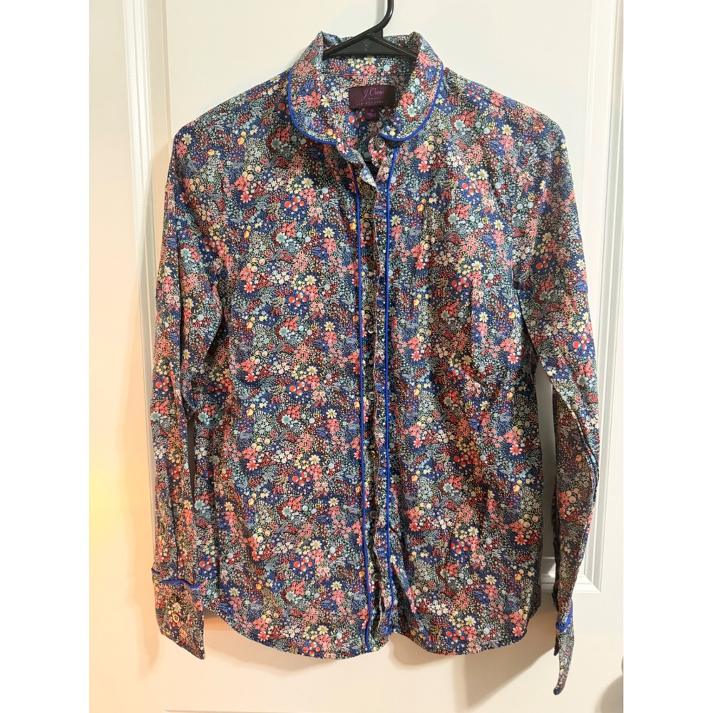 J.Crew Liberty Fabric Floral Button Down Shirt Blue Piping Multi Color Size 6